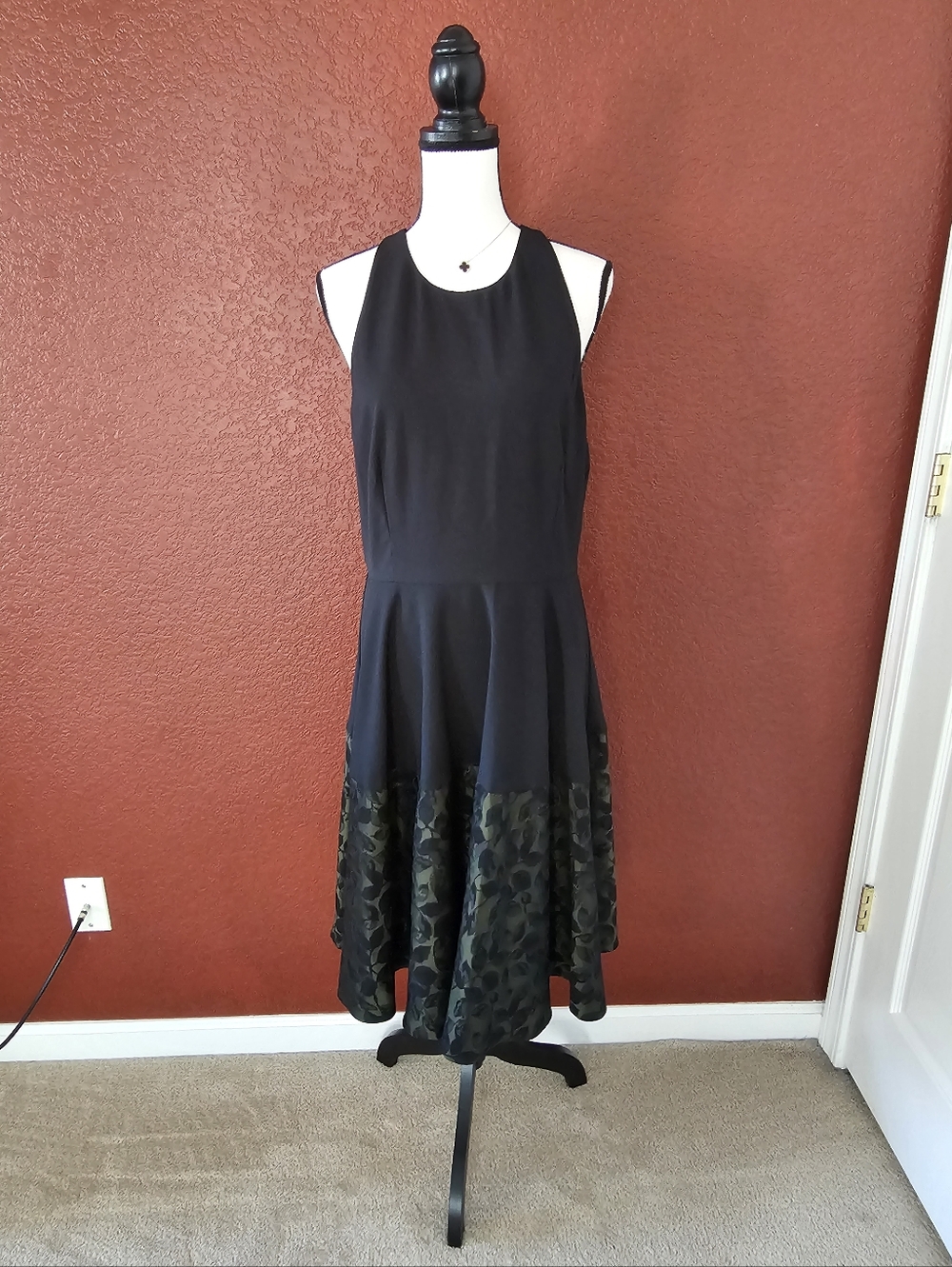 Hutch Black Sleeveless Fit-and-Flare Midi Dress with Floral Hem Detail